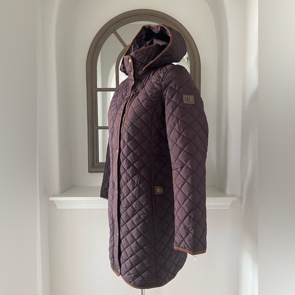 Lauren Ralph Lauren Faux-Leather-Trim Hooded Quilted Coat, Size S New w/Tag - Picture 8 of 16